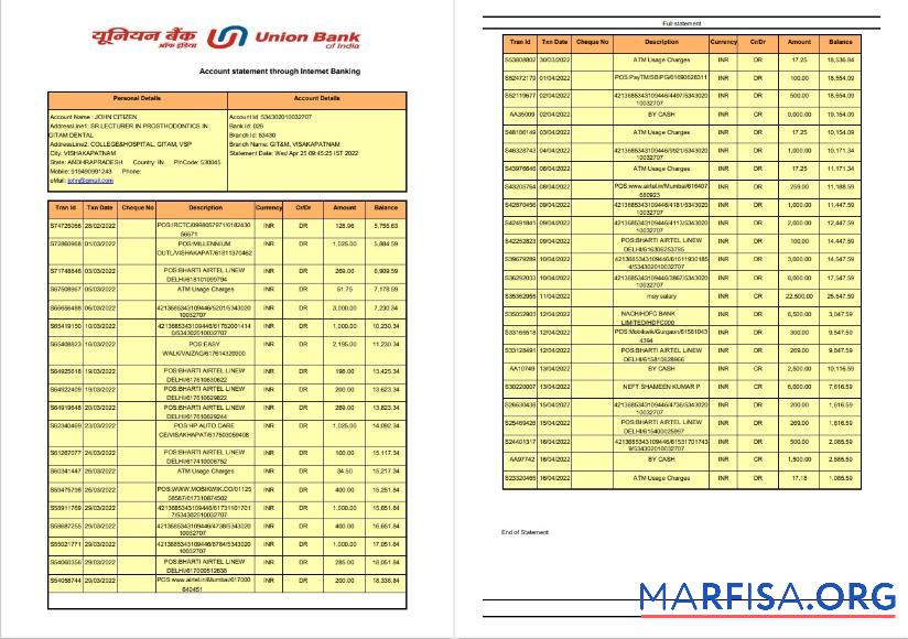 Blank India Union Bank of India bank statement word 2 pages template